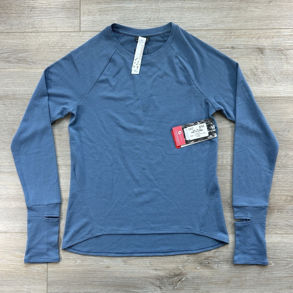 NWT Oiselle Size 2 Flyout Long-Sleeve Top Stratus Blue Thumbholes Polartec